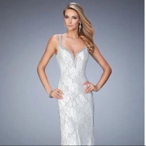 La Femme Long Lace and Rhinestone Formal Dress